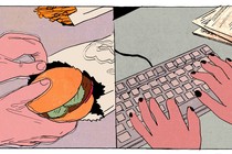 hands wrapping a burger next to hands typing on a keyboard