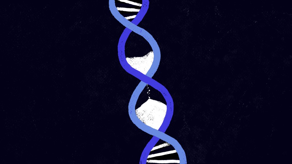 An illustration of DNA with sand passing through the double helix as if through an hourglass