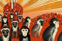 An illustration of monkeys on a red and orange background