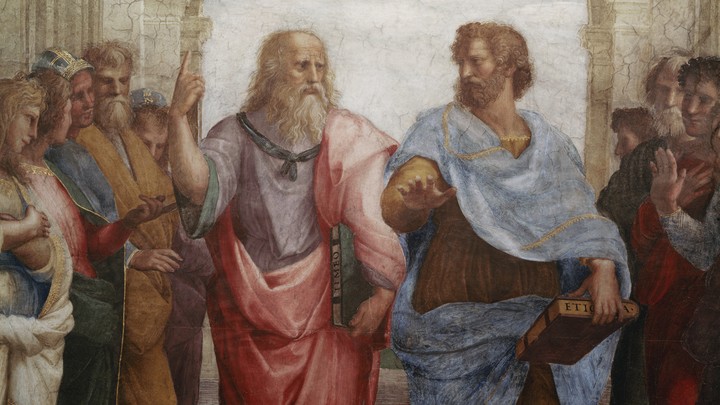 A photograph of a Raphael fresco featuring the philosophers Plato and Aristotle