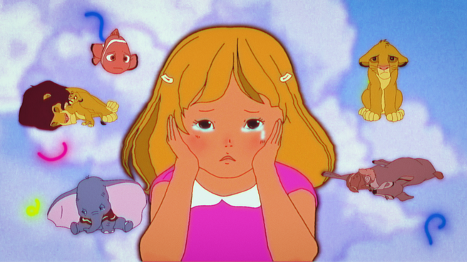 A crying child surrounded by images from "Dumbo," "The Lion King," "Finding Nemo," and "Bambi"