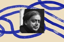 A black and white photo of Shashi Tharoor, inlaid on an illustrated background