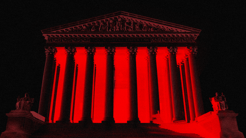 Image of the Supreme Court facade with a black background and red glow from the inside