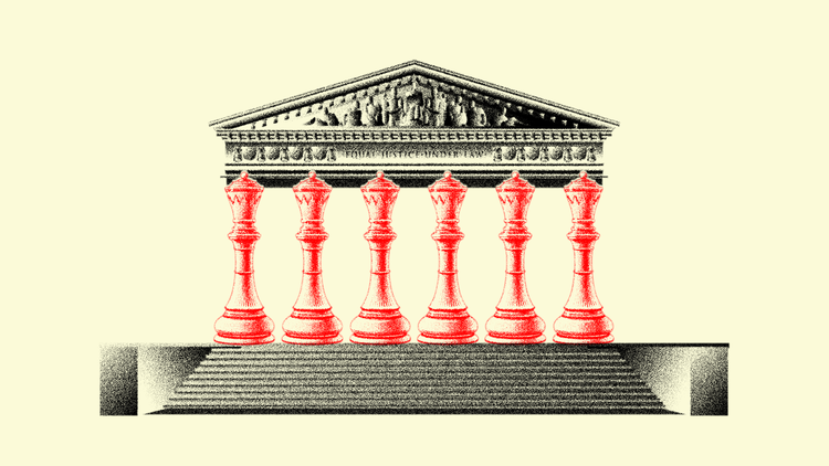 Edifice of the Supreme Court but in place of columns are king pieces from a chess set