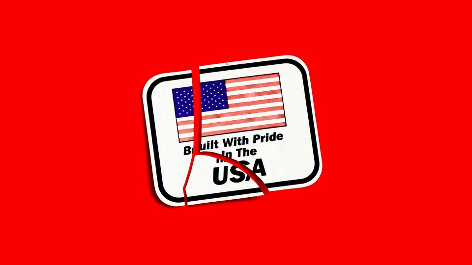 Illustration showing "Built With Pride In The USA" sign, broken into pieces