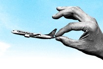 An illustration of a hand holding a Ryanair plane