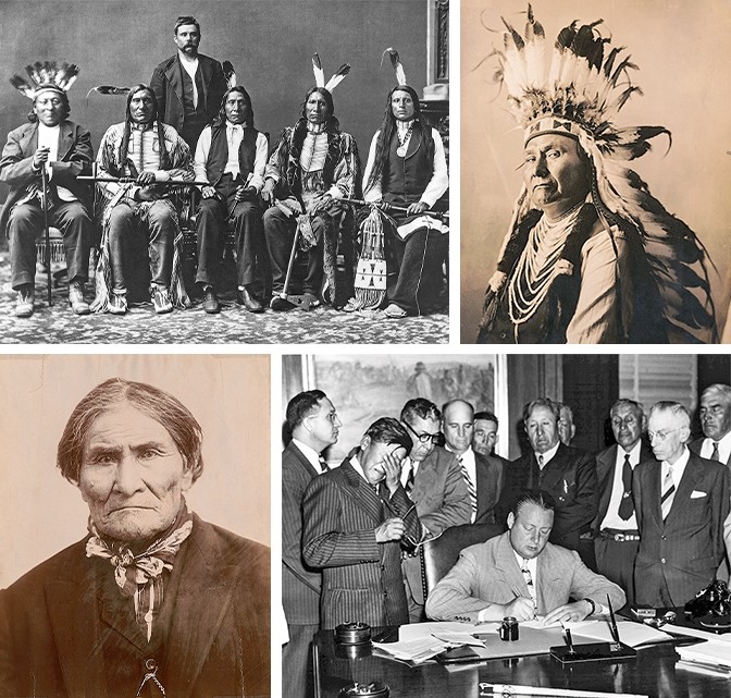 Four archival photos: Red Cloud; Chief Joseph; Geronimo; men signing land over