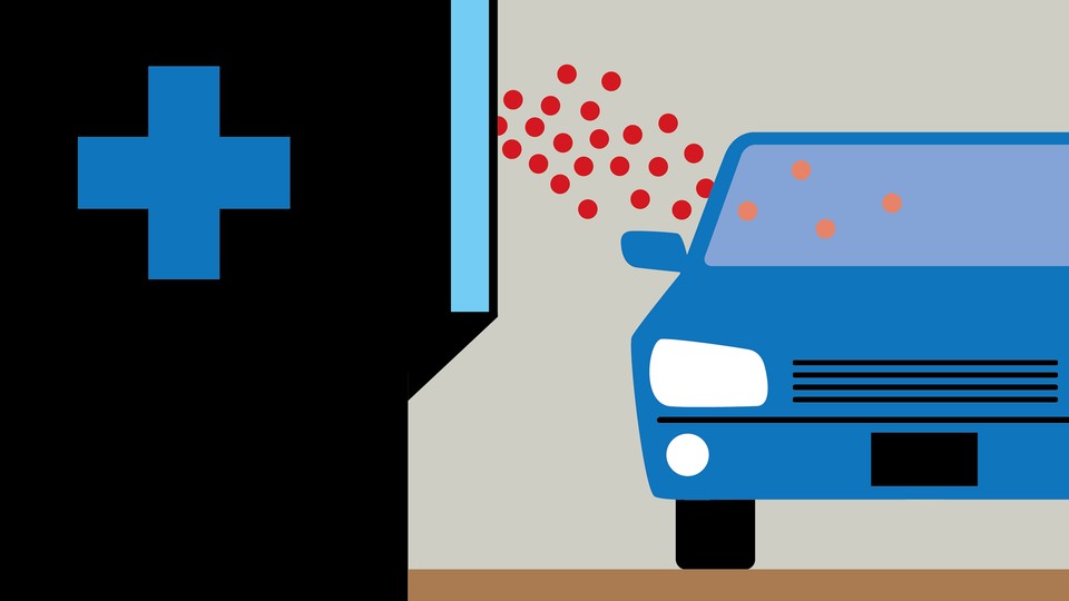 An illustration of a car in a pharmacy drive-thru window.
