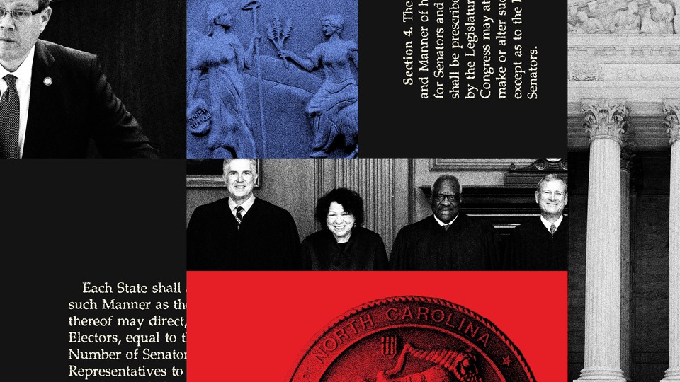 Collage showing the Supreme Court justices, parts of the Supreme Court building, the seal of North Carolina, and the text of some of the relevant constitutional passages