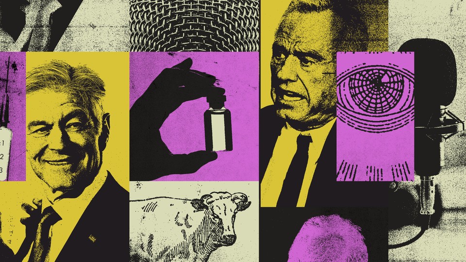 A photo collage in purple and yellow depicting a cow, RFK jr, a hand holding a vial, and other images