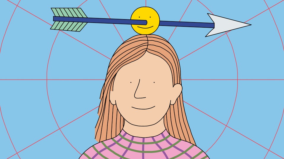 Illustration of a child with a smiley face balanced on her head. An arrow has pierced the smiley face.