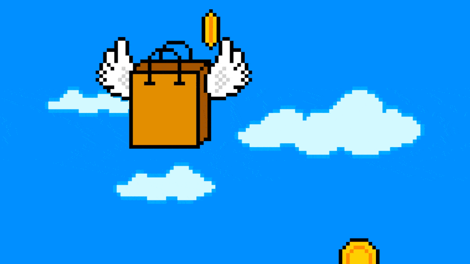 Graphic of shopping bag with wings flying around spilling gold coins