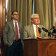 Andy McKean, right, the longest-serving Republican in the Iowa legislature, announced that he's becoming a Democrat during a news conference on April 23, 2019.