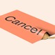 Illustration of a cat hiding underneath a rug with "Cancel" written on it