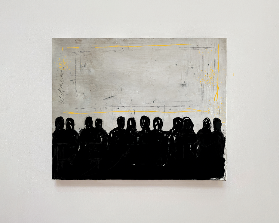 image of painting with silhouettes of people in foreground and abstract yellow rectangle in background with hand-written word 'witness' on left side