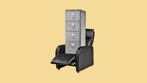 An illustration of a filing cabinet in a reclining chair.