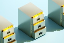 Three shiny filing cabinets in a row