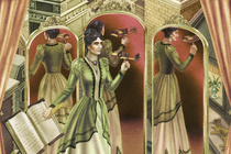 dark-haired woman in Victorian dress holding stereoscope and writing with quill pen in an open book, with 3-way mirror behind and framed by theatrical curtains