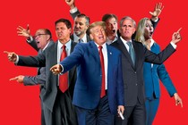 Photo illustration of group of Republicans, including Donald Trump, Marjorie Taylor Greene, Kevin McCarthy, and others, standing in a circle and shouting on red background