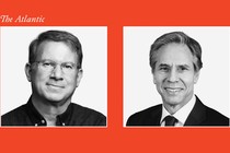Two black-and-white photos side by side against a red background. One is of Atlantic editor in chief Jeffrey Goldberg, and the other is of Secretary of State Antony Blinken