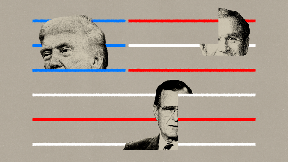 Photo-illustration with images of Donald Trump, George W. Bush, and George H. W. Bush against an abstract backdrop resembling an American flag.