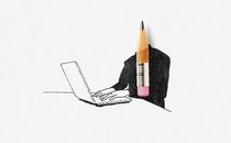 A person with a pencil nub for a head typing on a laptop