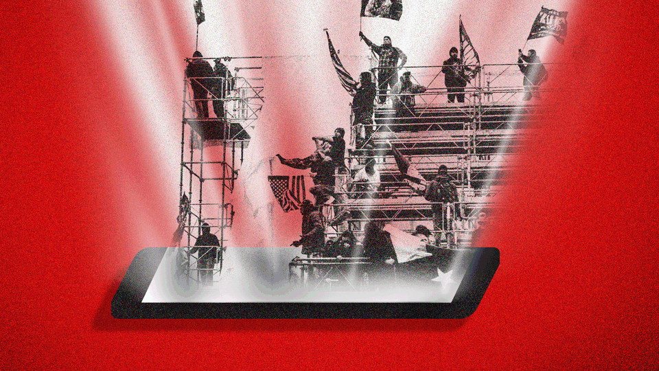 An image of protesters on scaffolding emerging from a smartphone
