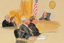 Artist rendering of a judge presiding over a hearing in 2003 for John Hinckley Jr.,