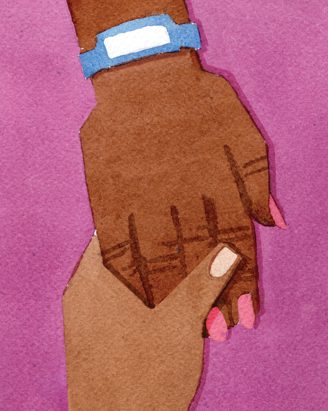 watercolor-style illustration of hand with painted nails and blue hospital ID bracelet on wrist being held by another hand on magenta background