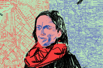A drawing of the writer Rebecca Mead against a backdrop of maps of Brooklyn and London