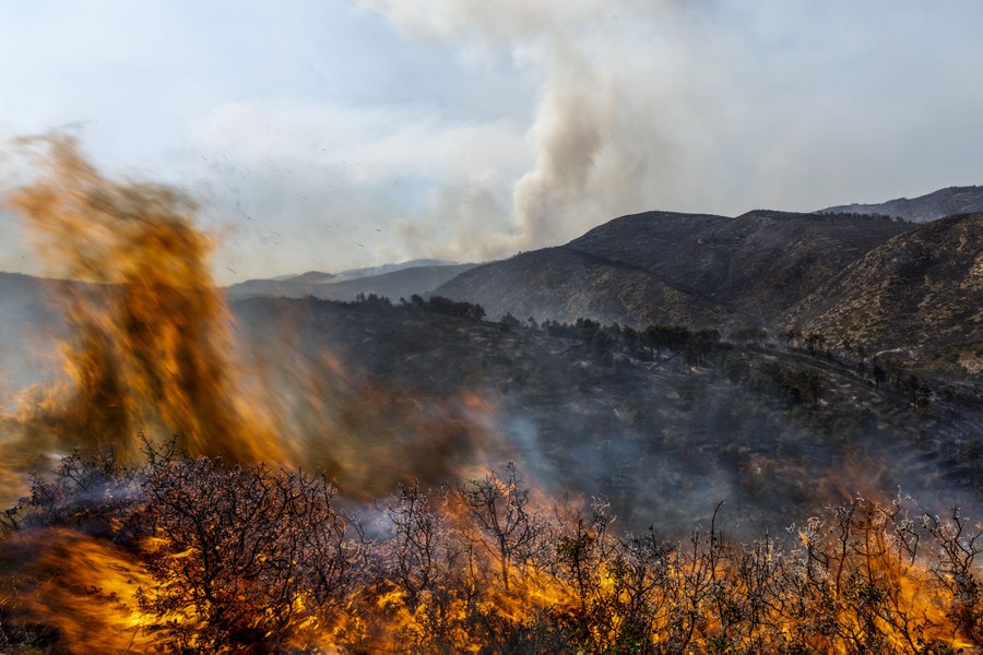 Flames rise from burning scrub, with smoke and blackened hills in the distance.