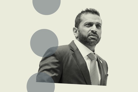 Illustration of Kash Patel and three grey circles behind him