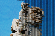 A photo illustration of a contemplative statue becoming pixelated across the screen from left to right