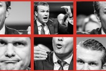 Pete Hegseth speaking in a grid of black-and-white images on a red background