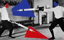 A fencing match between a blue and a red competitor, with syringes as the swords