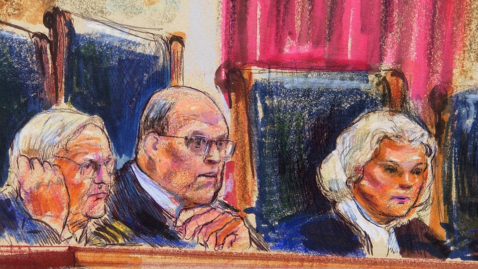 A courtroom sketch of Justice Paul Stevens, Chief Justice William Rehquist, and Justice Sandra Day O'Connor at the Supreme Court in March, 2005