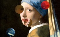 Vermeer's "Girl With a Pearl Earring" painting, with circles containing details from "Girl With a Red Hat" superimposed