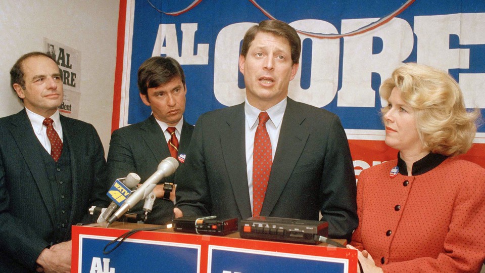 Former Representative Tom Downey (second from left) with then-Senator Al Gore in 1988
