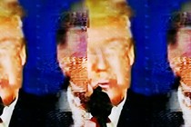 Pixelated photo of Donald Trump on a TV screen repeating three times from left to right, as if glitching