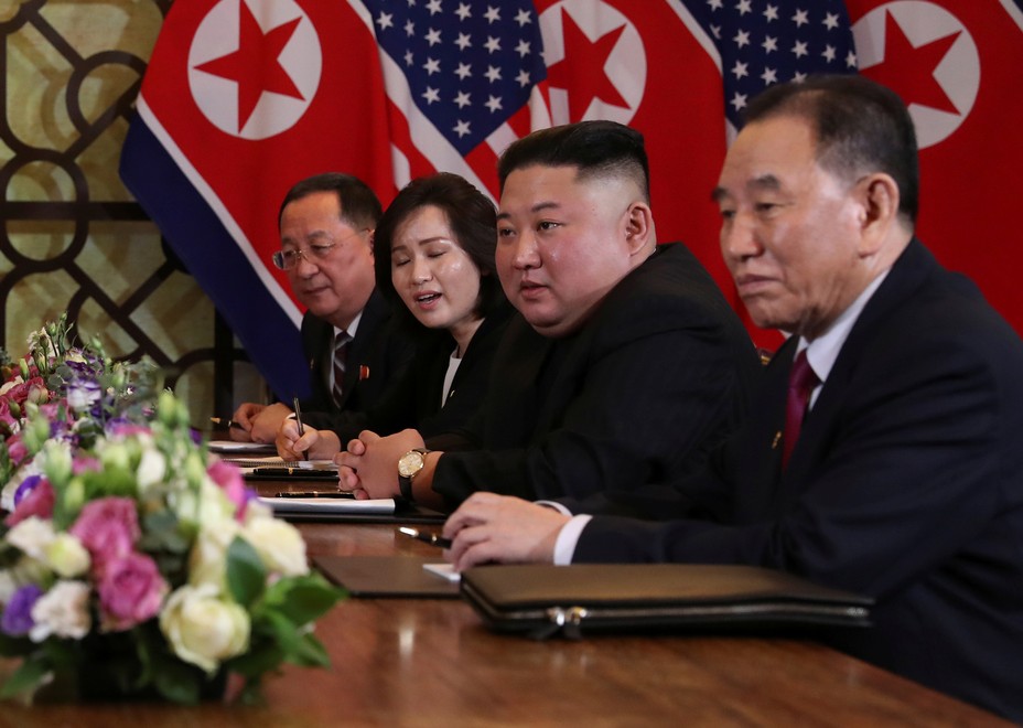 North Korea's leader Kim Jong Un sits alongside Kim Yong Chol, Vice Chairman of the North Korean Workers' Party Committee, and North Korean Foreign Minister Ri Yong Ho at the extended bilateral meeting with U.S. President Donald Trump during the second North Korea-U.S. summit in Hanoi.