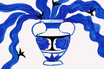 A white and blue Grecian vase with streams of blue and birds coming out of it