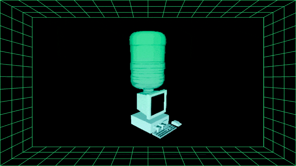 GIF of a water cooler attached to the top of an old desktop computer