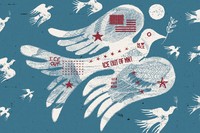 A drawing of a dove with an American flag and anti-ICE messages on it flies with other birds.