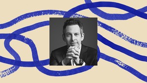 A black-and-white photo of Sam Harris, bordered by an illustration