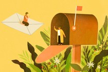 An illustration of the two friends. One is waving from inside a giant mailbox. The other is riding a giant letter into that mailbox.