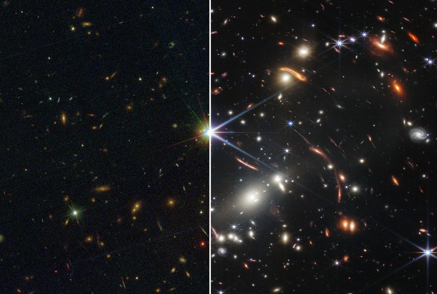 Two images, side-by-side, showing thousands of galaxies.