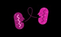 Two pink cartoon mitochondria talking, a pink conversation bubble between them