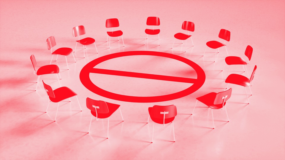 A circle of chairs representing a support group set around a "no" symbol