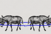 Illustration of two donkeys pulling each other in opposite directions with a blue rope