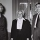 David Ben-Gurion, center, then Israel's defense minister, stands with Moshe Dayan, the military's Chief of Staff, left, Shimon Peres, the director general of the Ministry of Defense in Tel Aviv on February 2, 1955. 